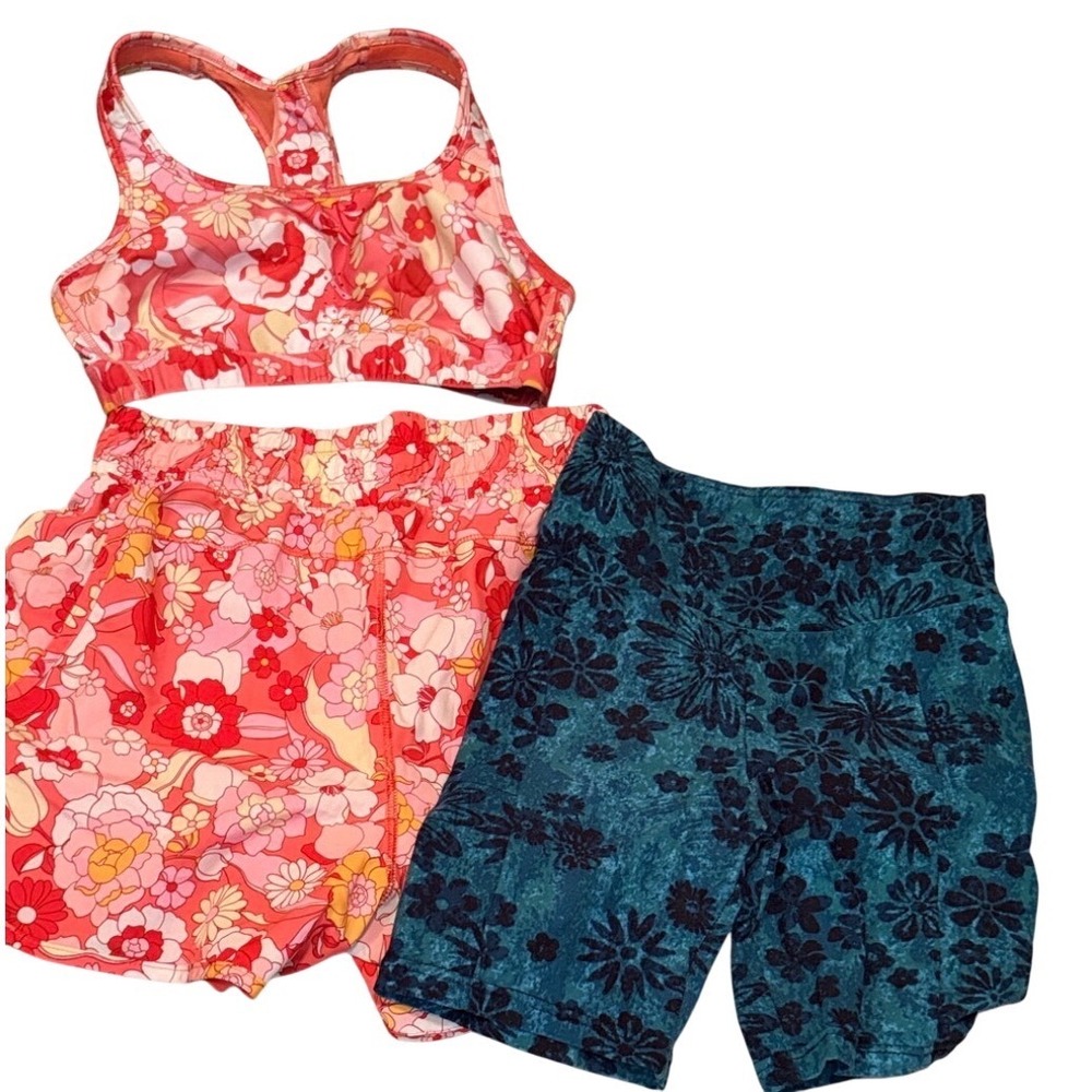 Floral Activewear Set Pink Sports Bra Running Shorts and Teal Biker Shorts Women